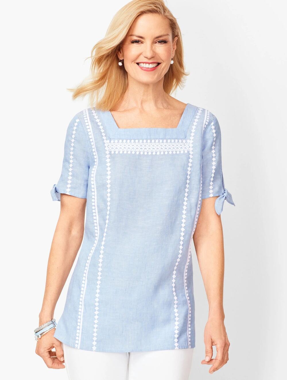 Talbots Light Blue Square Neck Embroidered Linen Top Size L Coastalprep